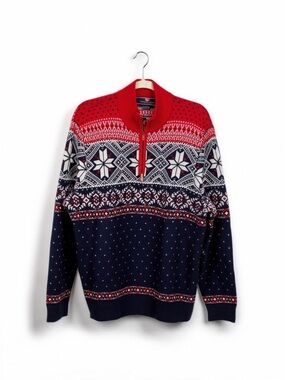 Men's Vineyard Vines Red & Navy Fair Isle Wool Blend 1/4 Zip Sweater Size Large